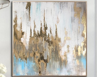 Textured Surfaces Vertical Drips Art Modern Art Cool and Warm Palette Decorative Painting Subtle Blues Painting With Gilded Accents