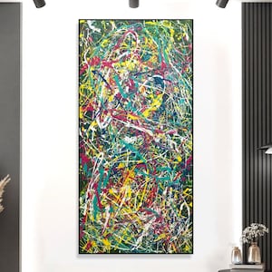 Jackson Pollock Style Splatter Painting: Colorful Abstract Art on Canvas (60x30&quot;)