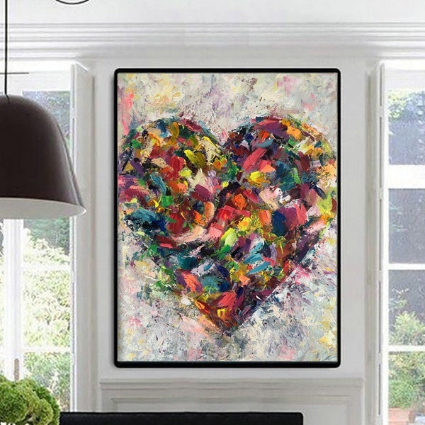 Grandes peintures abstraites sur toile, peinture de coeur, art mural romantique, art mural coloré, cadeau pour couple, art mural moderne pour salon, encadré