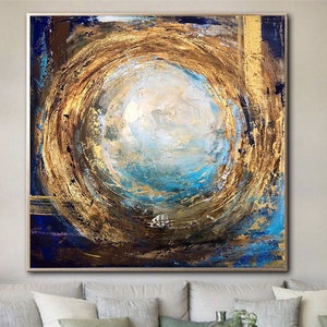 Extra Large Canvas Art Circle Painting Canvas Wall Art Abstract Blue And Gold Modern Wall Art Framed Canvas Wall Painting For Living Room