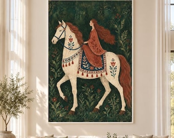 Woman on White Horse Painting Textured Canvas Botanical Green Folk Art Equestrian Wall Decor
