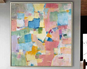 Abstract Oil Painting Mosaic Canvas Art Colorful Wall Art Acrylic Canvas Art Neutral Painting Pastel Artwork Contemporary Wall Art