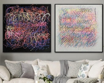 Jackson Pollock Style Painting Colorful Original Paintings On Canvas Set Of 2 Textured Abstract Fine Art Wall Art for Living Room Wall Decor