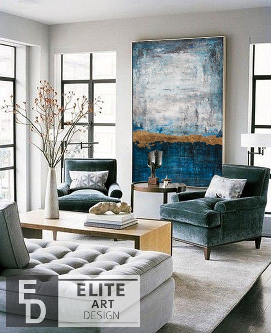 Modern Ocean Wall Art Navy Blue Painting Gold Leaf Painting Etsy