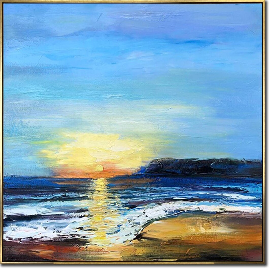 Textured Seascape Sunset Paintings on Canvas Ocean Beach Art in Blue ...