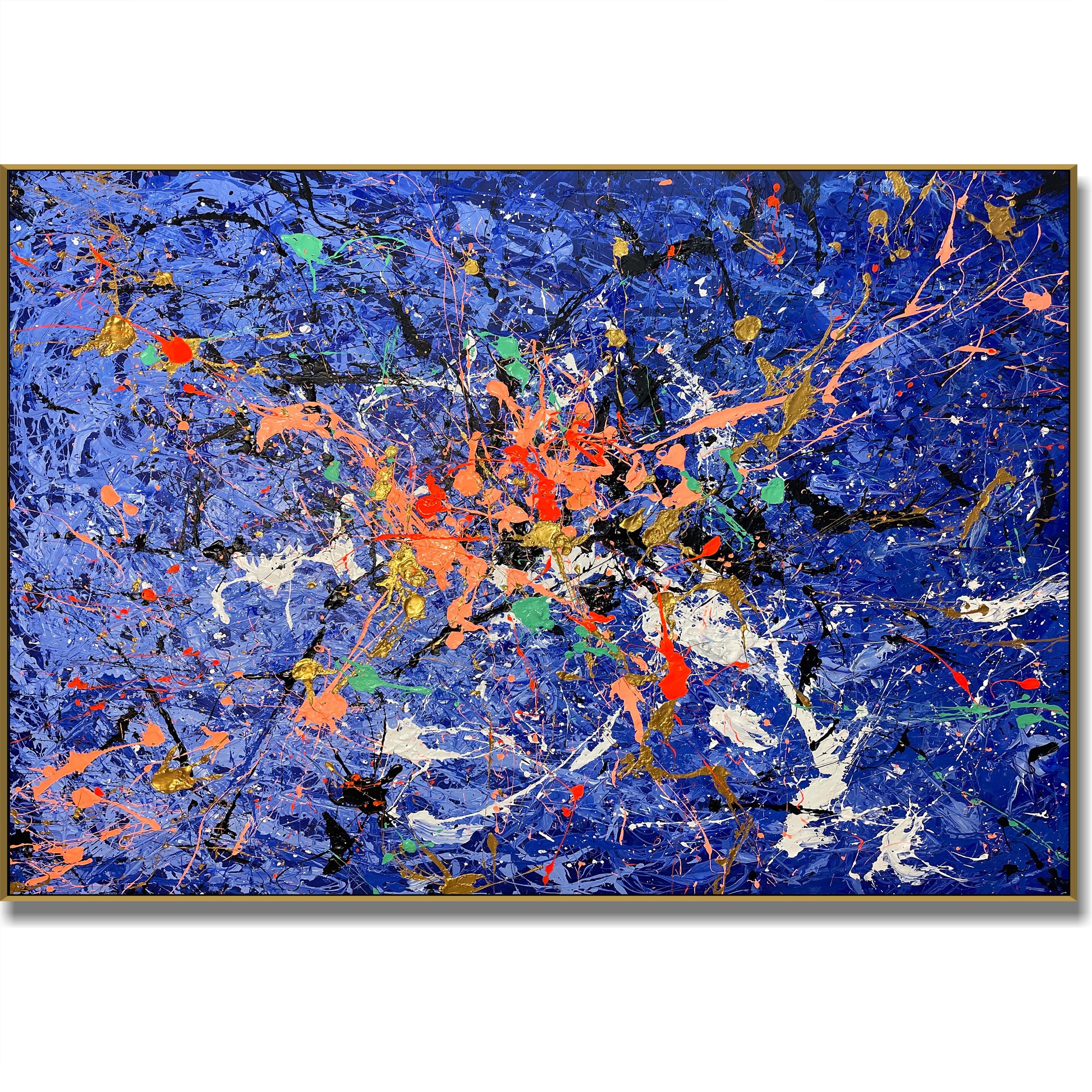 Vibrant Blue Abstract Splatter Painting on Canvas Colorful Jacksotn Pollick Inspired Expressionist Art Bold Modern Acrylic Painting 46"x60"