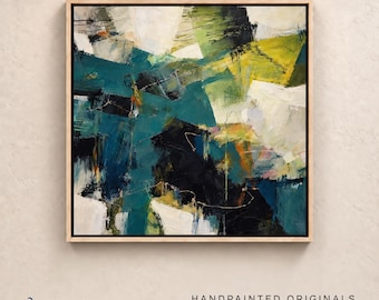 Green Teal Abstract Painting | Black Cream Textured Canvas Wall Art for Modern Living Room