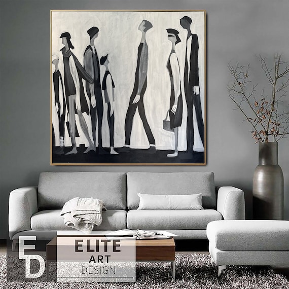 Queue painting, black white art, minimalist hanging, abstract crowd decor