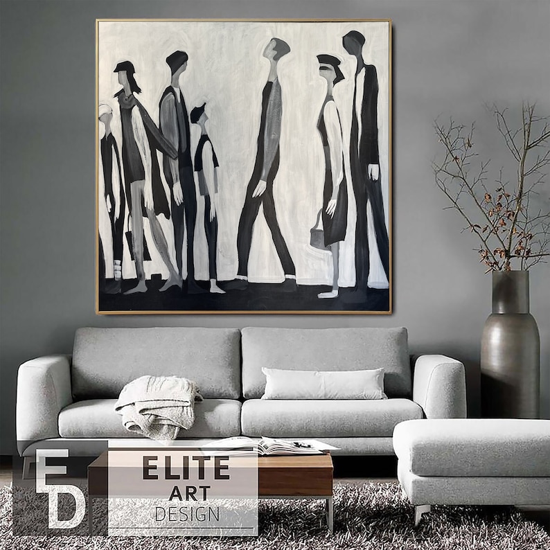 Queue painting, black white art, minimalist hanging, abstract crowd decor