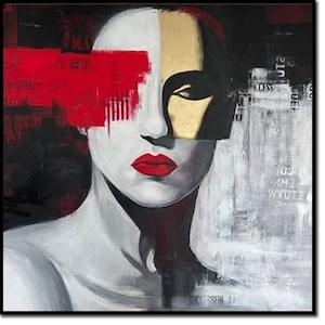 Abstract Female Portrait in Red, Gold, and Black | Modern Bold Wall Art | Contemporary Feminine Canvas Decor 50x50&quot;