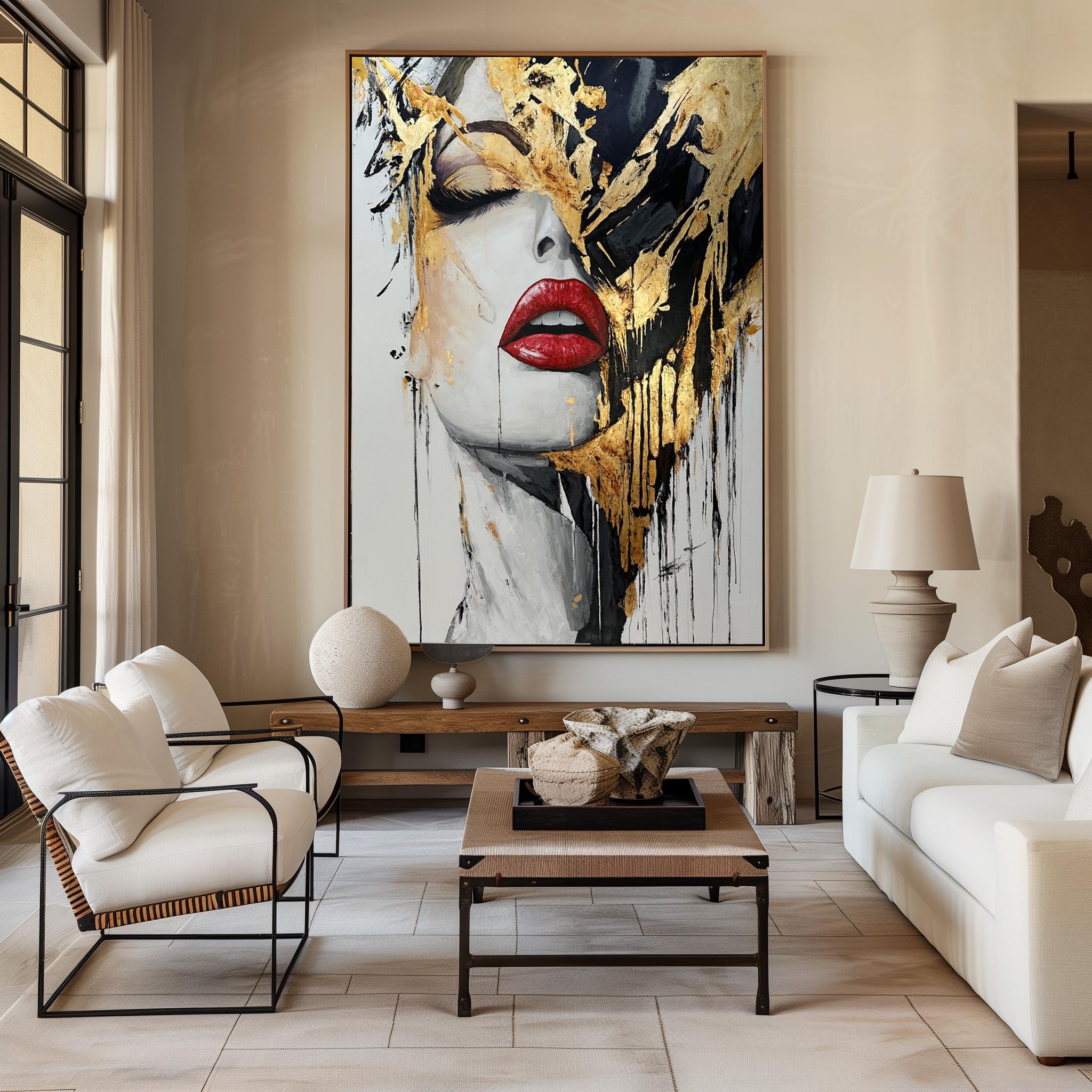 Woman Face Painting, Abstract Red Lips Portrait, Colorful Living Room ...