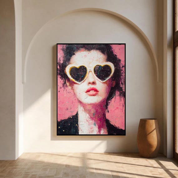 Thick impasto textured canvas of a pink-heart-sunglasses woman — the kind of bold, chunky-paint original art that actually looks like a real painting, not a print.