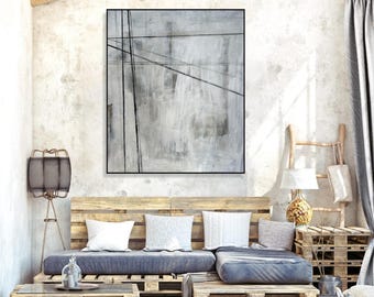 Minimalist Grey Abstract Painting Black Line Textured Modern Wall Art