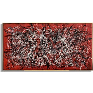 Jackson Pollock Style Paintings On Bright Red Canvas Modern Abstract Colorful Fine Art Handmade Wall Art for Living Room