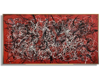 Jackson Pollock Style Paintings On Bright Red Canvas Modern Abstract Colorful Fine Art Handmade Wall Art for Living Room