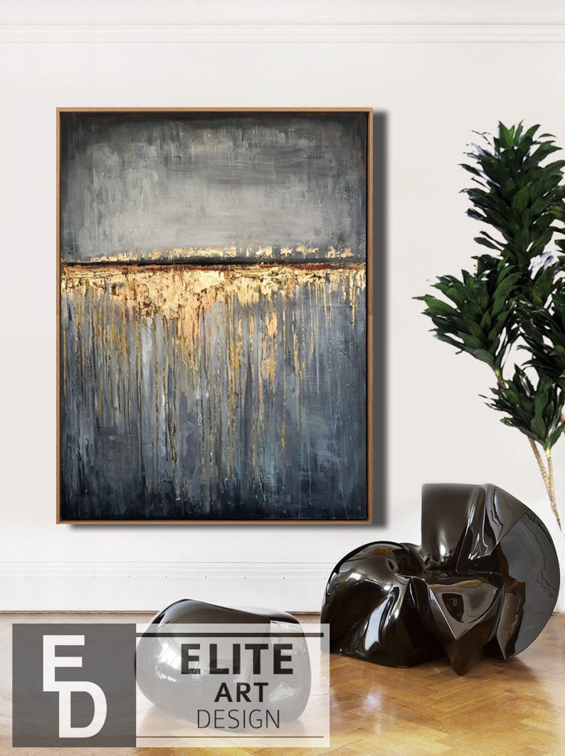 Large Abstract Painting Canvas Grey Abstract Art Gold Painting Etsy