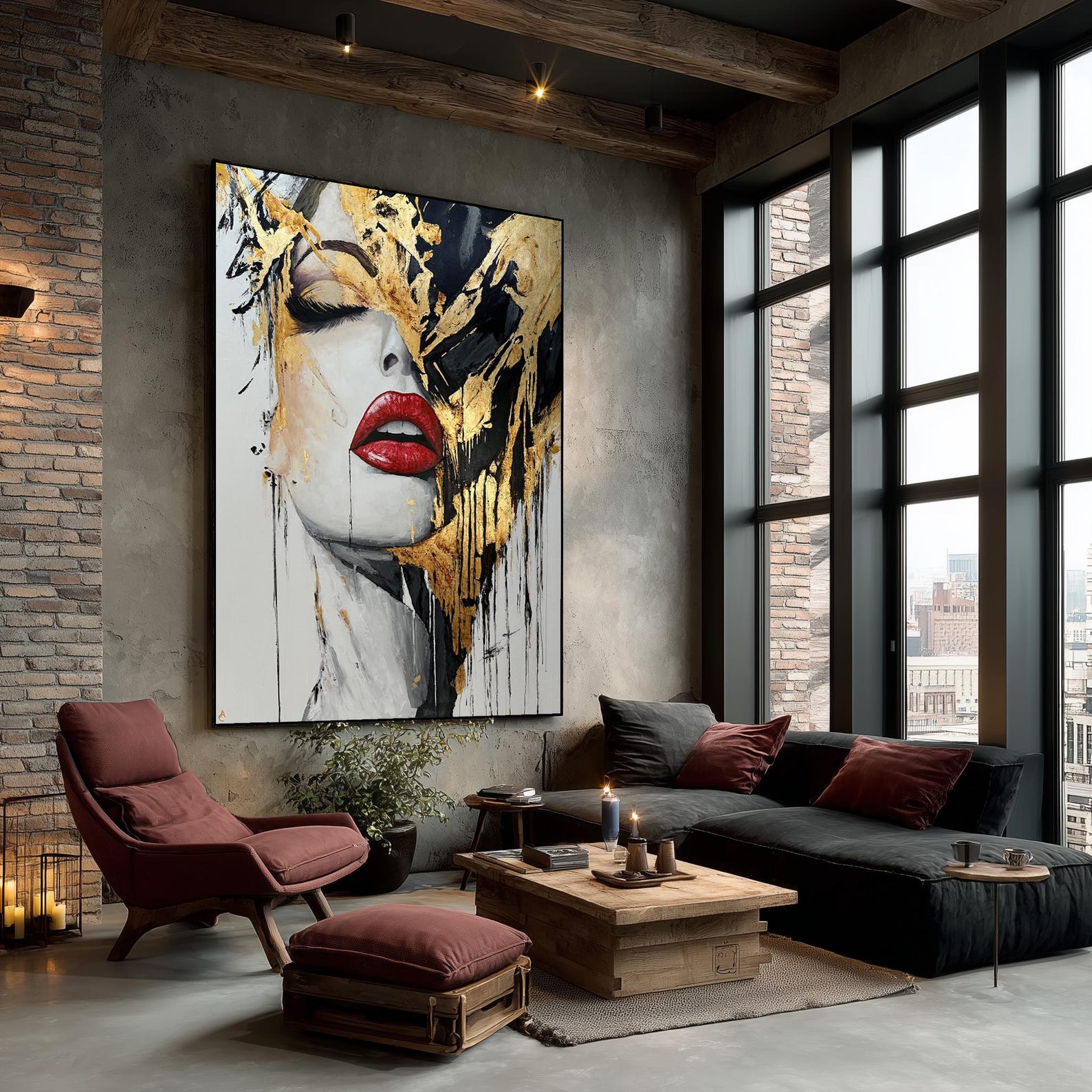 Woman Face Painting, Abstract Red Lips Portrait, Colorful Living Room ...