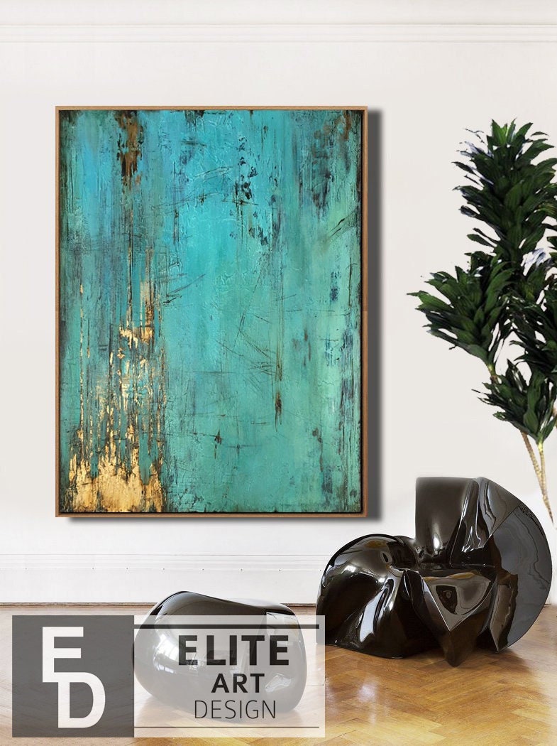 ターコイズ色の質感とゴールドのアクセントが特徴的なキャンバスの抽象