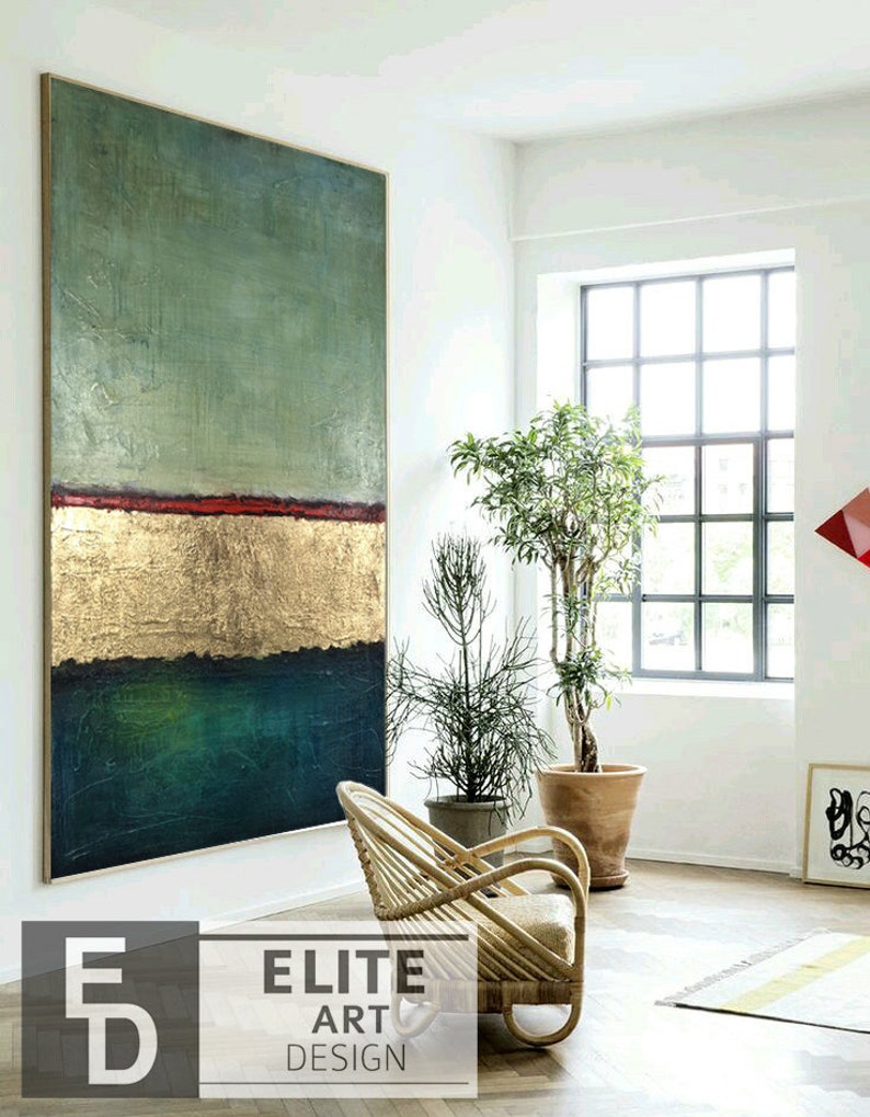 Original Paintings On Canvas Green Painting Canvas Acrylic Modern Painting Gold Leaf Abstract Paintings Living Room Wall Art Framed image 3