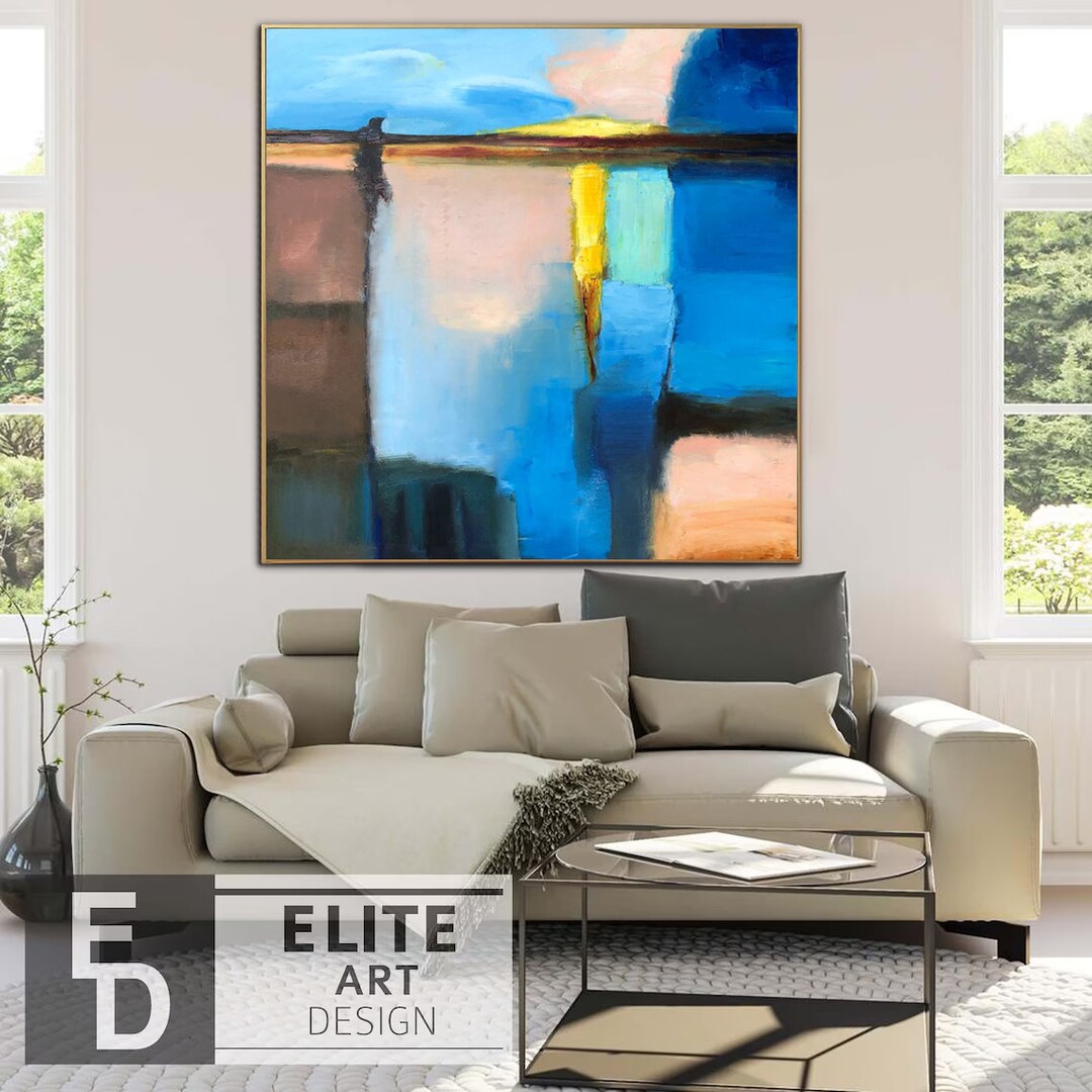 Large Abstract Blue Yellow Canvas Art, Textured Expressionist Painting ...