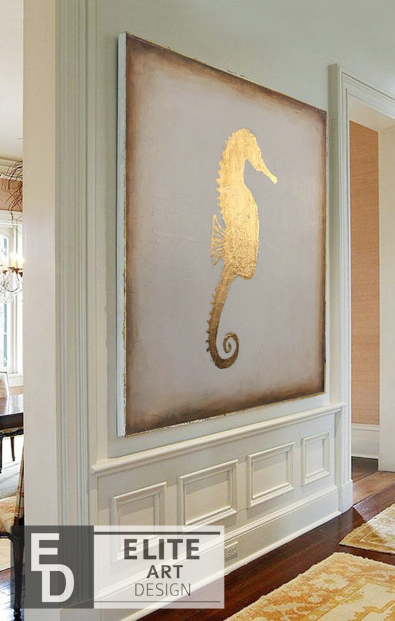 Large Framed Art Sea Horse Painting Abstract Modern Canvas Golden Leaf Gray Wall Art Modern Paintings Oversized Wall Art Kitchen