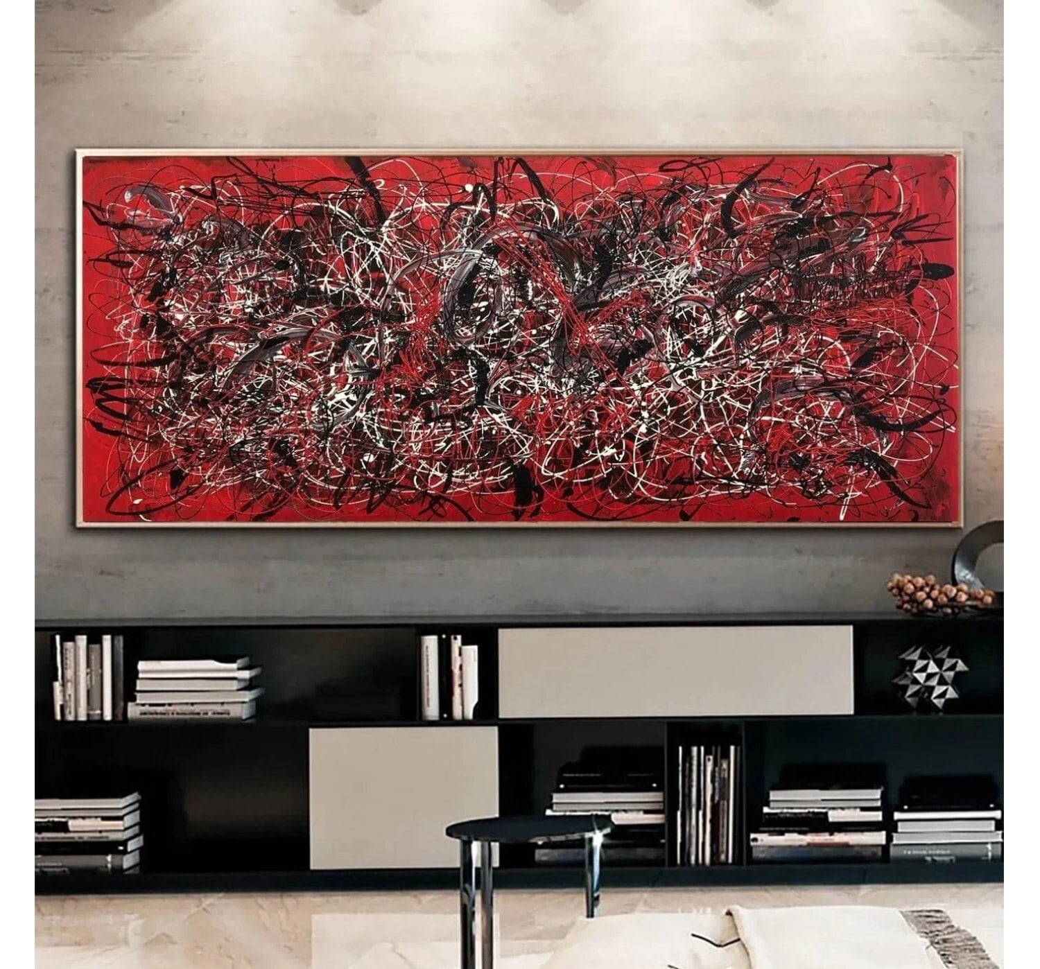 ジャクソン・ポロック風の絵画：赤い抽象画キャンバスウォールアート