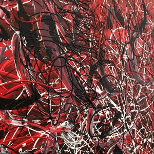 Jackson Pollock Style Gemälde auf leuchtend roter Leinwand Moderne abstrakte bunte feinste Kunst handgemachte Wandkunst für Wohnzimmer Bild 4