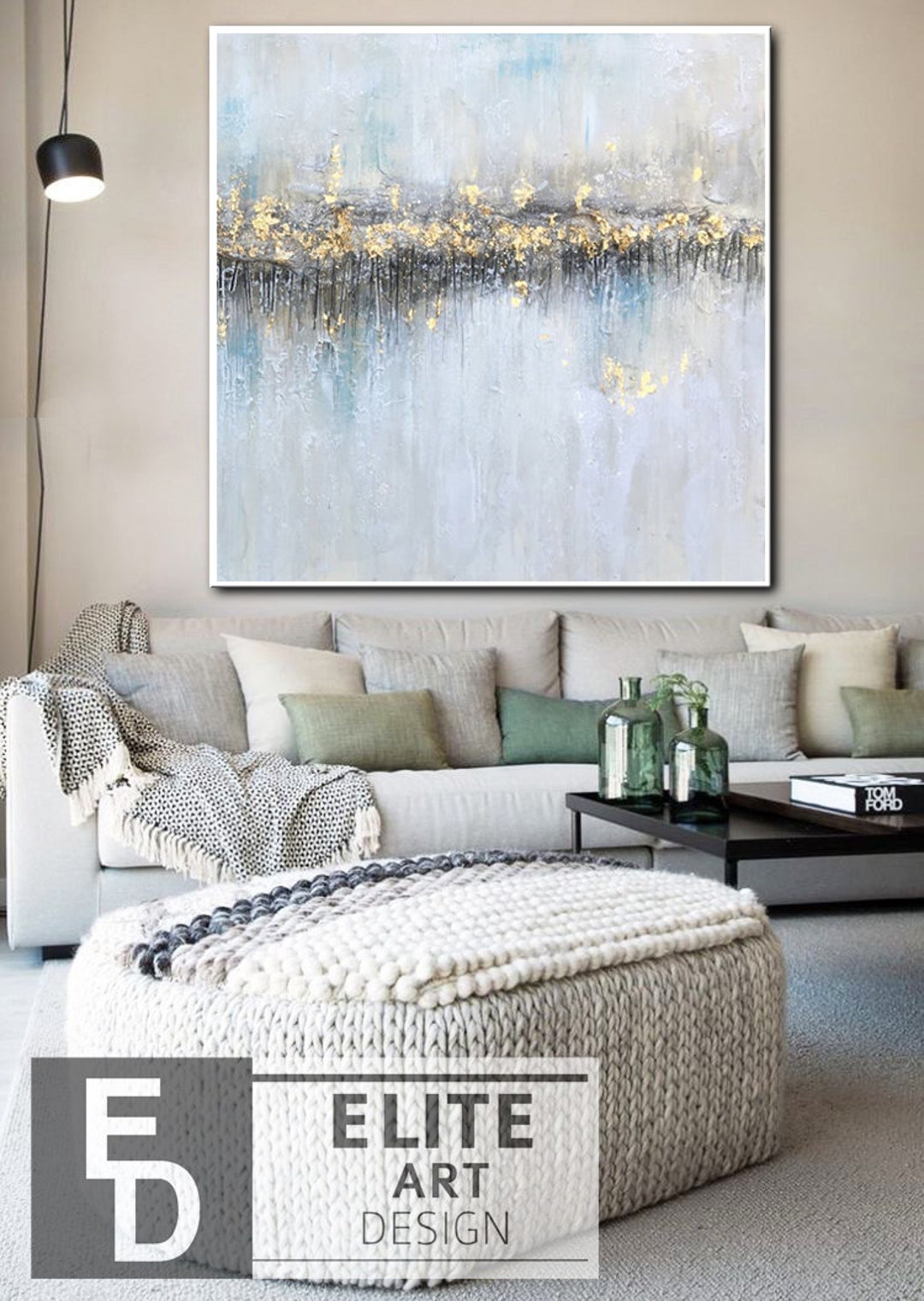 Abstract Light Blue Acrylic Oil Painting on Canvas: Modern Wall Decor ...