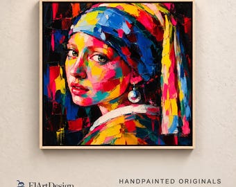 Girl with Pearl Earring Colorful Painting | Palette Knife Portrait Wall Art for Living Room
