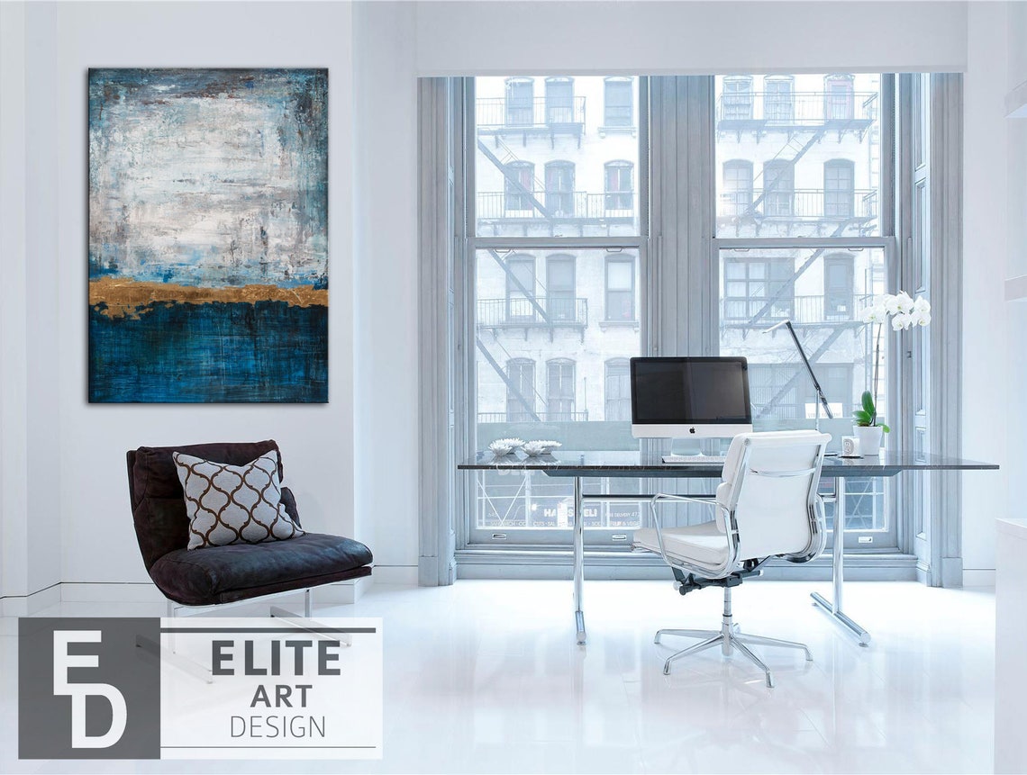 Modern Ocean Wall Art Navy Blue Painting Gold Leaf Painting Etsy