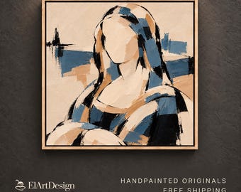 Abstract  Woman Portrait Painting | Cubist Beige Blue Minimalist Impasto Wall Art for Living Room
