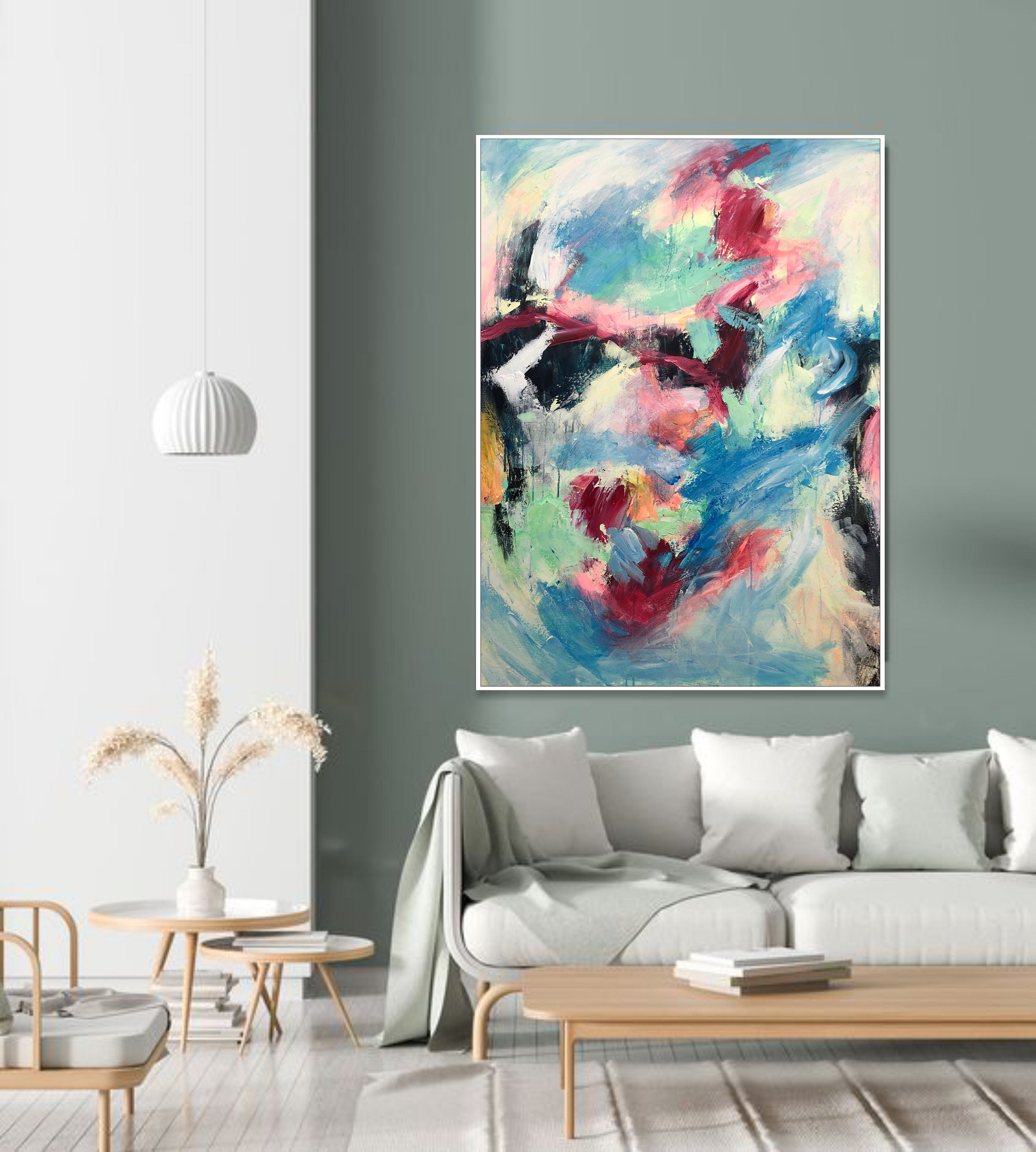 鮮やかな抽象表現主義の絵画：カラフルなアクリルアート、40x30インチ