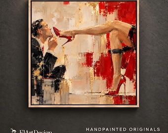 Red High Heel Painting Vintage Noir Couple Art Gold Beige Sensual Fashion Wall Decor