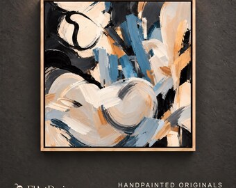 Neutral Abstract Painting Cream Charcoal Dusty Blue Textured Canvas Wall Art for Living Room