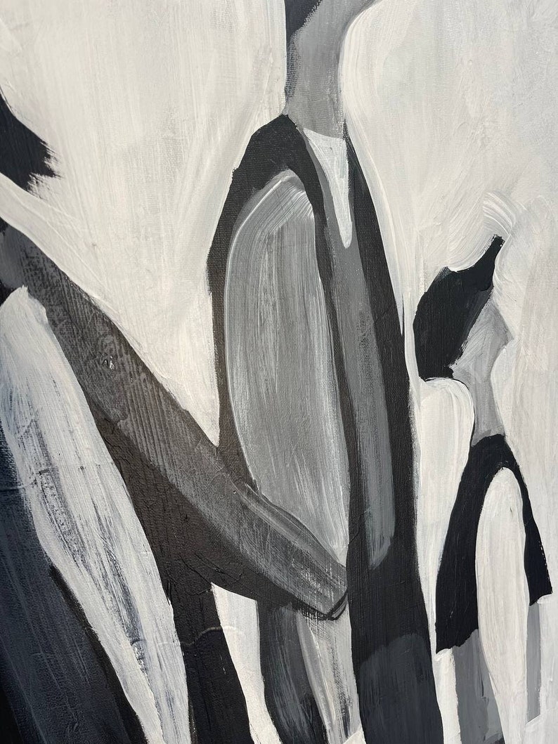 May include: Abstract black and white painting with bold brushstrokes and geometric shapes.