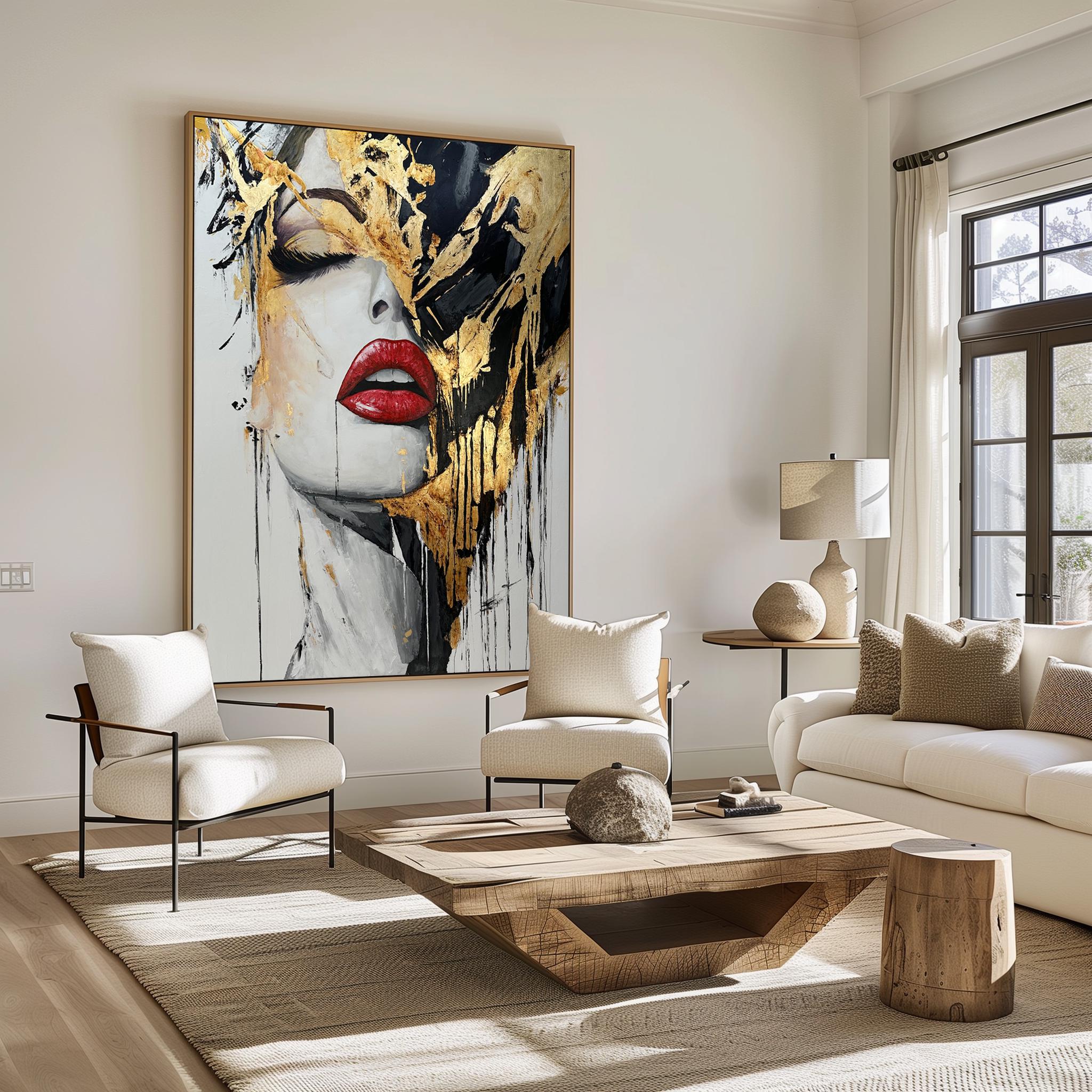 Woman Face Painting, Abstract Red Lips Portrait, Colorful Living Room ...