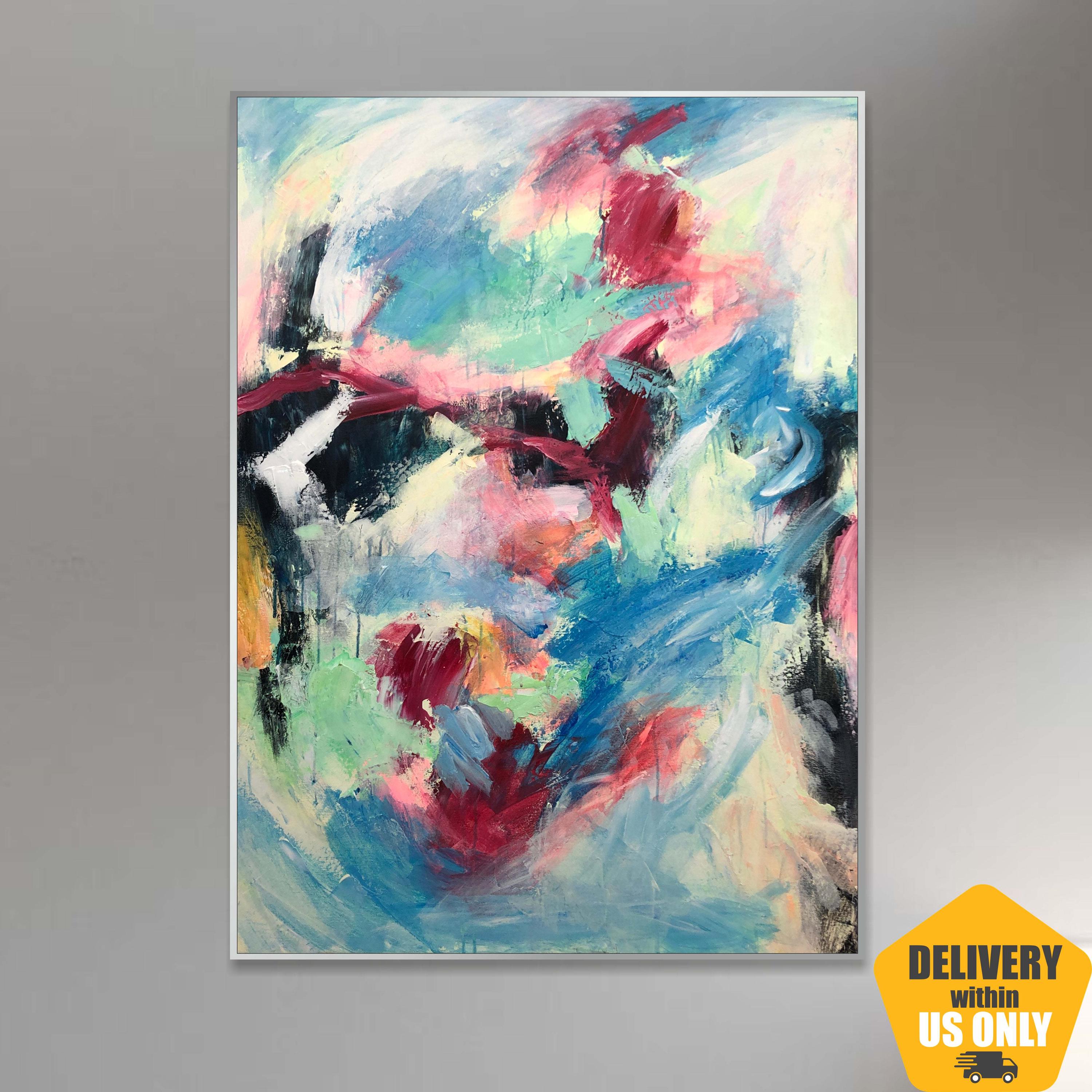 鮮やかな抽象表現主義の絵画：カラフルなアクリルアート、40x30インチ