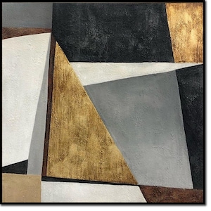 Modern Geometric Abstract Painting - Gold and Gray Wall Art for Contemporary Interiors