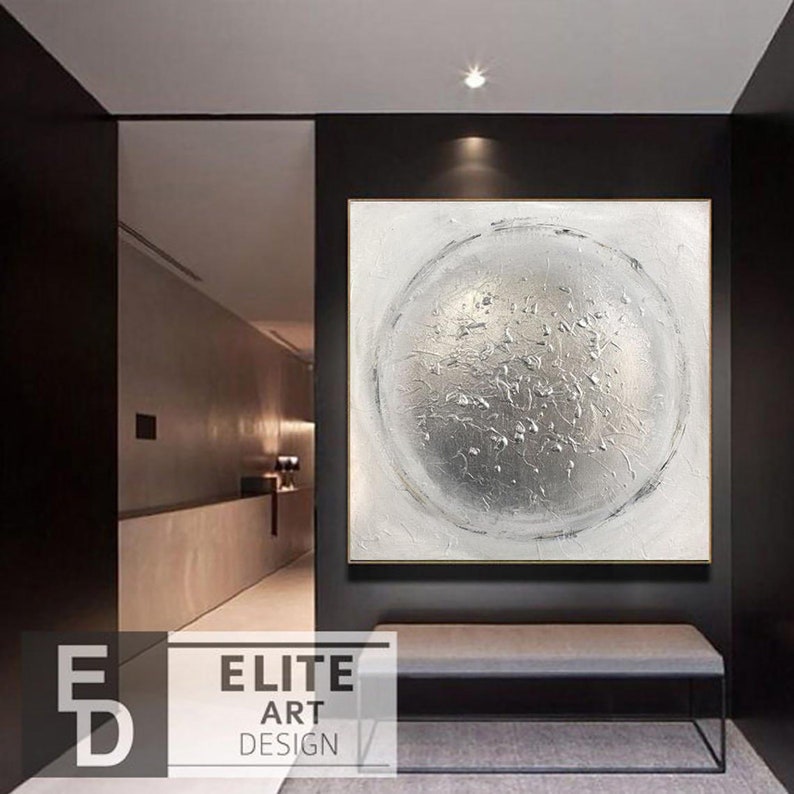 Extra Large Silver Abstract Painting Circle Wall Art Contemporary Art Acrylic Paintings On Canvas Silver Leaf Minimalist Art For Living Room Painting Art Collectibles Chezkassie Fr