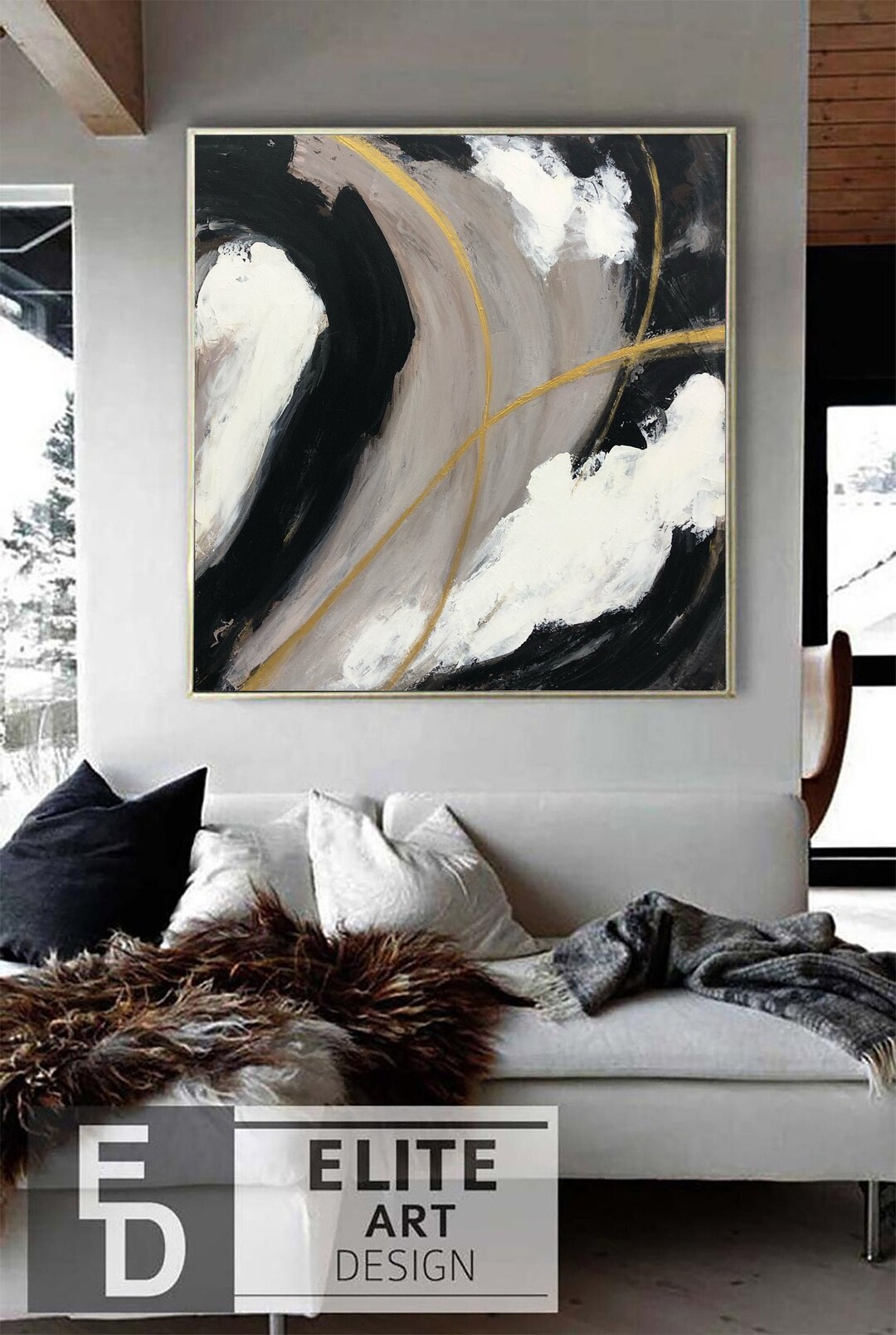 Large Original Abstract Black and White Paintings on Canvas Modern Grey ...