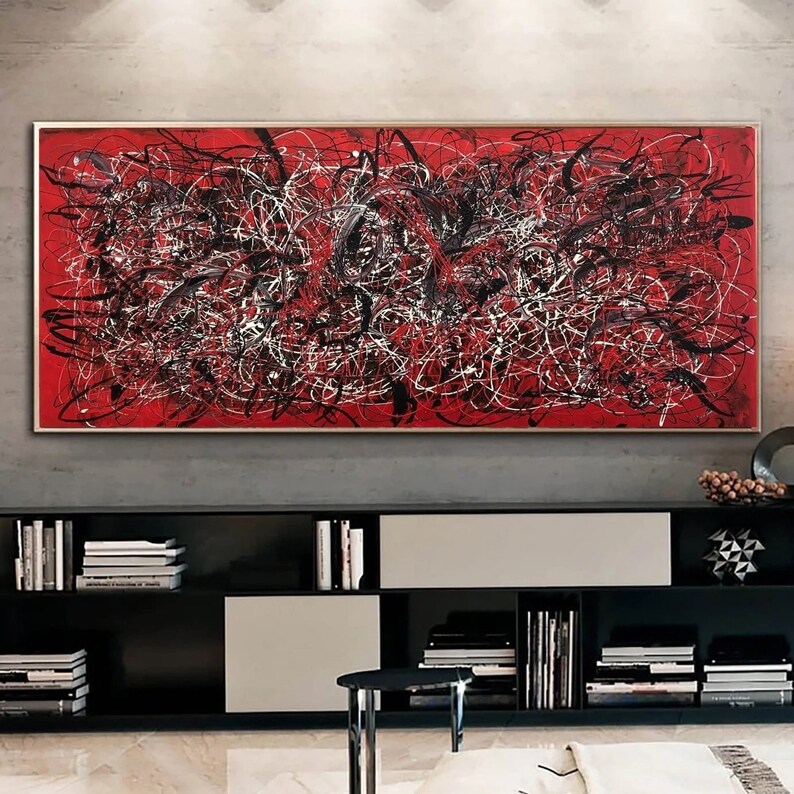 Jackson Pollock Style Gemälde auf leuchtend roter Leinwand Moderne abstrakte bunte feinste Kunst handgemachte Wandkunst für Wohnzimmer Bild 1