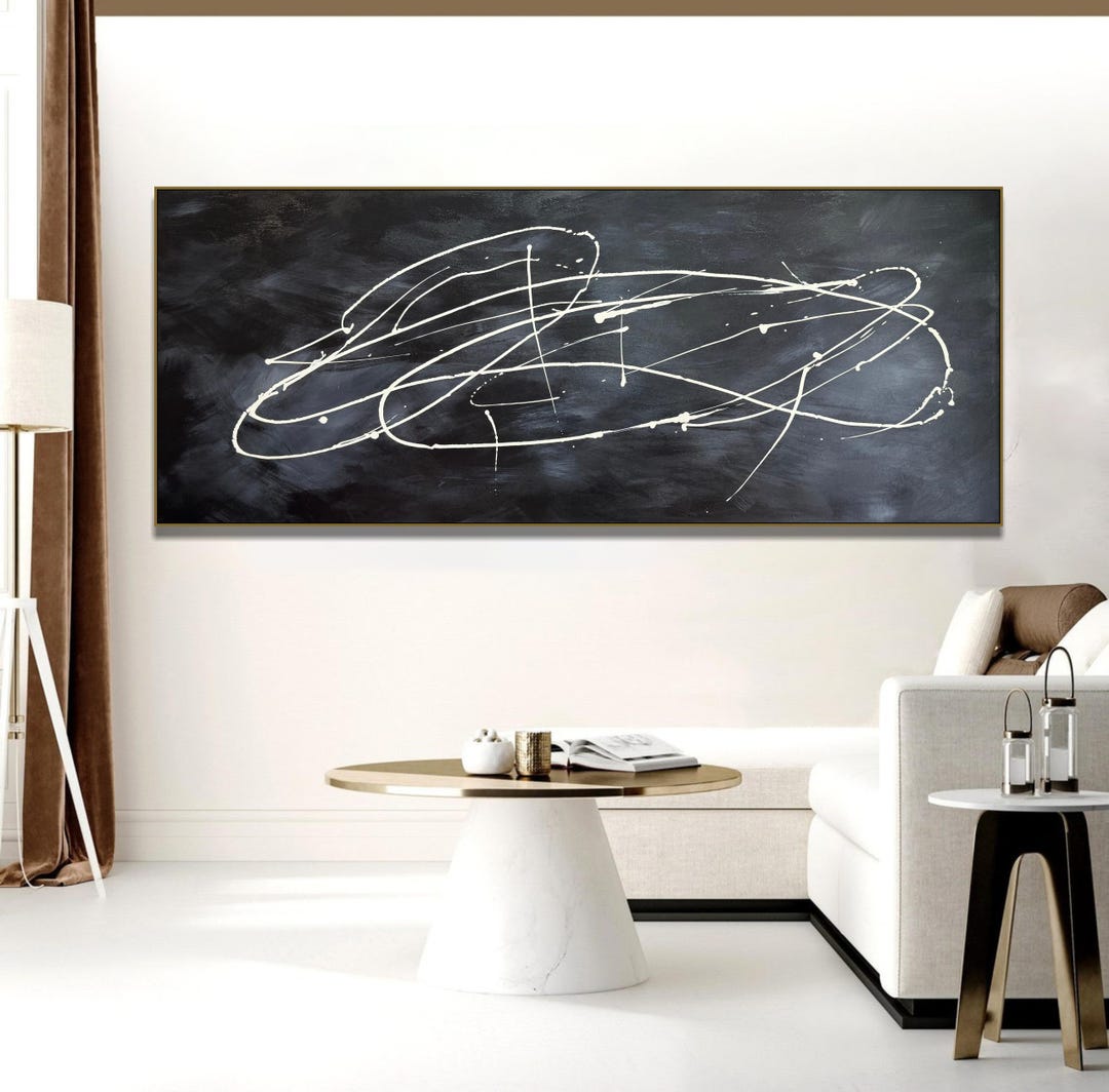 Large Black and White Abstract Canvas Painting: Modern Minimalist Art ...