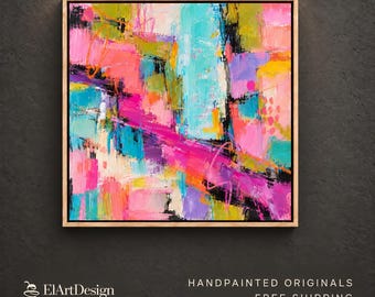 Pink Abstract Painting | Colorful Teal Purple Textured Canvas Wall Art for Modern Living Room