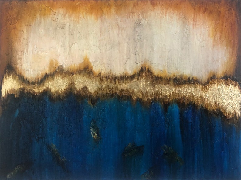 Large Abstract Blue and Gold Paintings on Canvas Navy Blue Art Etsy