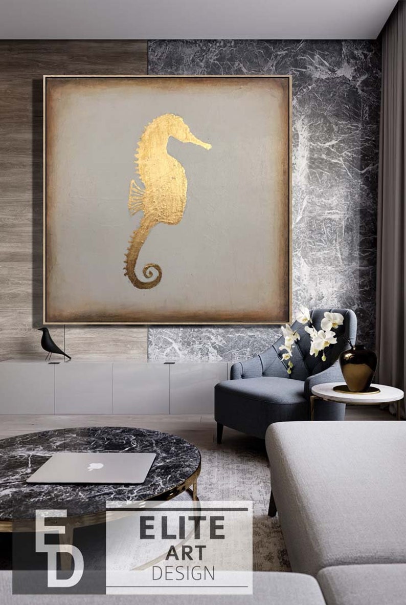 Large Framed Art Sea Horse Painting Abstract Modern Canvas Golden Leaf Gray Wall Art Modern Paintings Oversized Wall Art Kitchen