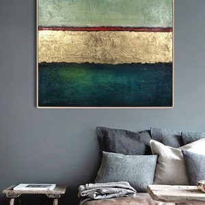 Original Paintings On Canvas Green Painting Canvas Acrylic Modern Painting Gold Leaf Abstract Paintings Living Room Wall Art Framed image 2