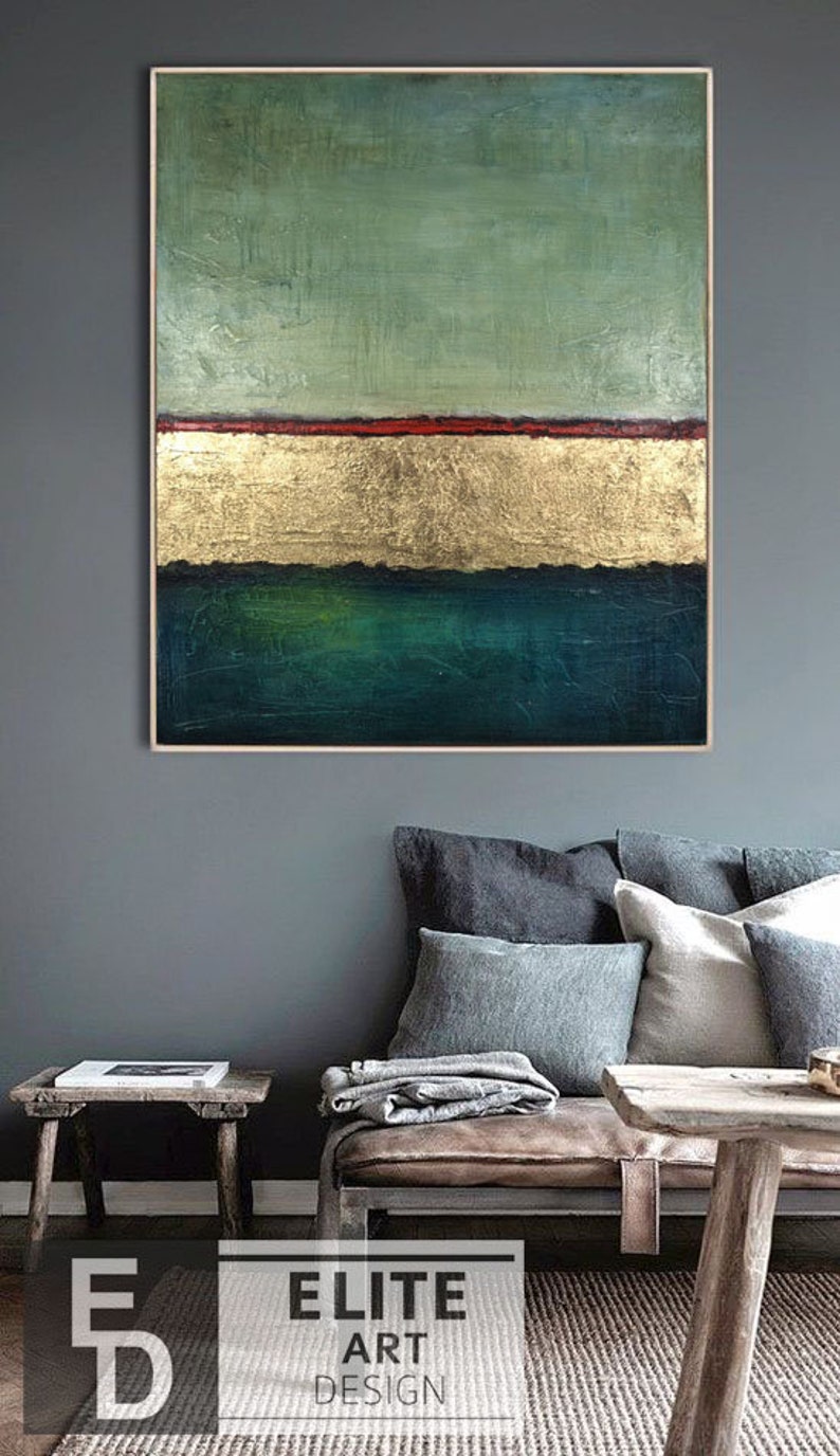 Original Paintings On Canvas Green Painting Canvas Acrylic Modern Painting Gold Leaf Abstract Paintings Living Room Wall Art Framed image 2