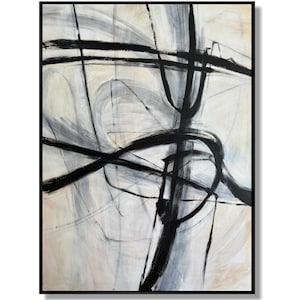 Large Black and White Abstract Painting on Canvas Minimalist Modern Wall Art for Home and Office Decor, Contemporary Handmade Artwork 72x54&quot;