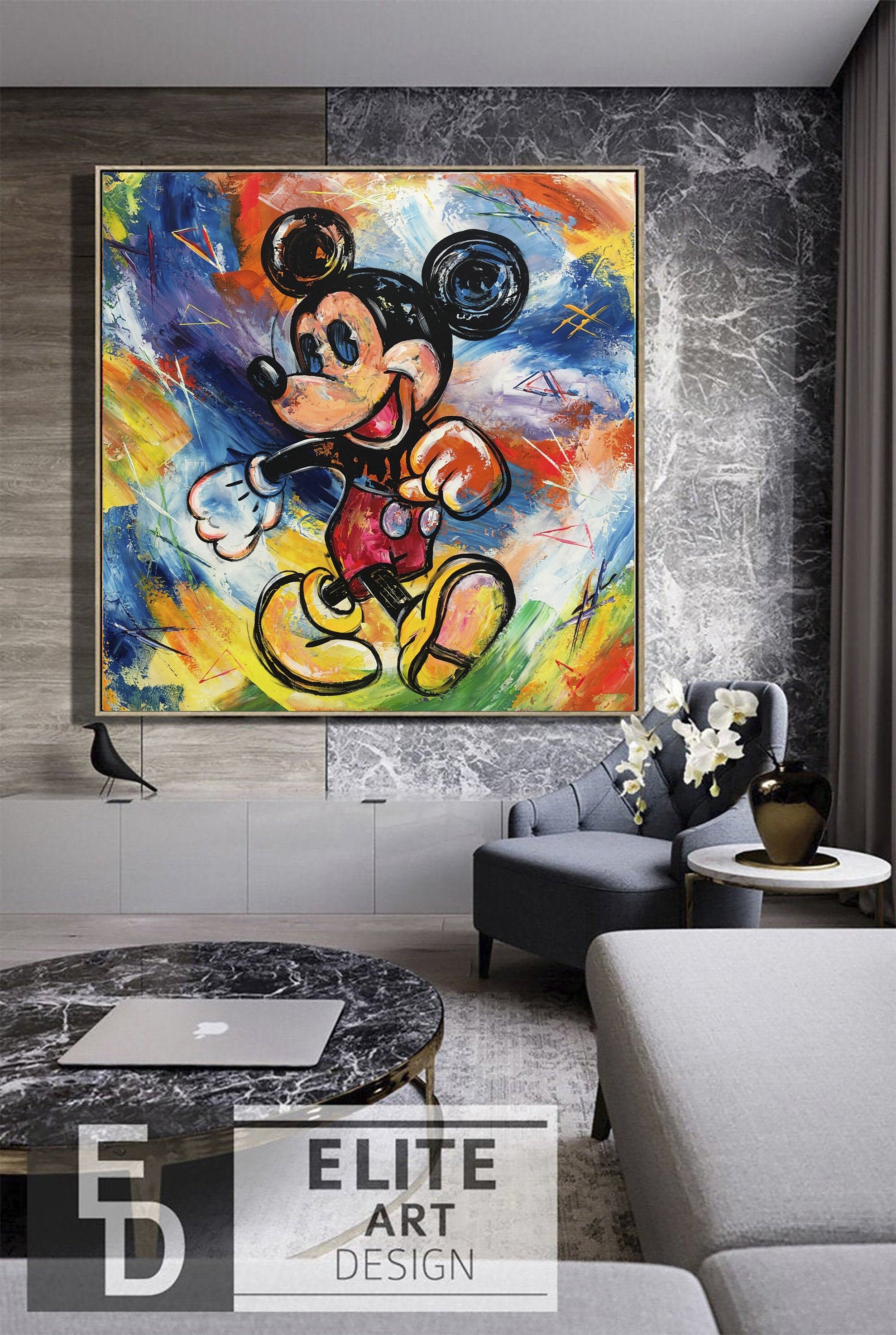 Large Mickey Framed Mouse Canvas Art Abstract Cartoon Etsy