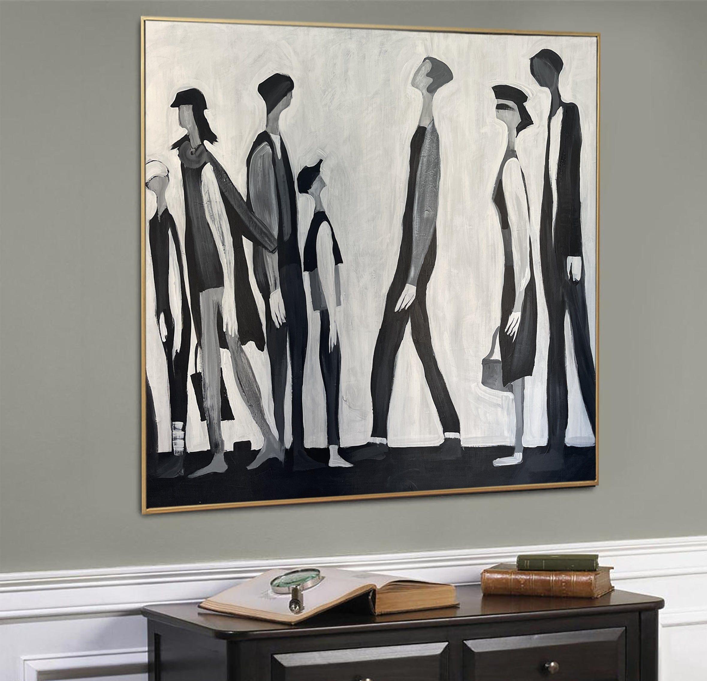 Abstrakte Leinwand-Kunst 61x122 Cm - Schwarz-weiß-grau Mit Blauem Farbverlauf